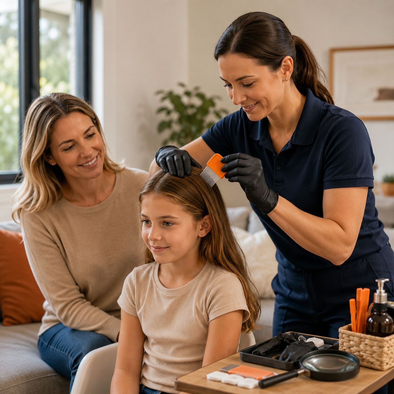 Eye Spy Lice technician treating a child at home while mom watches